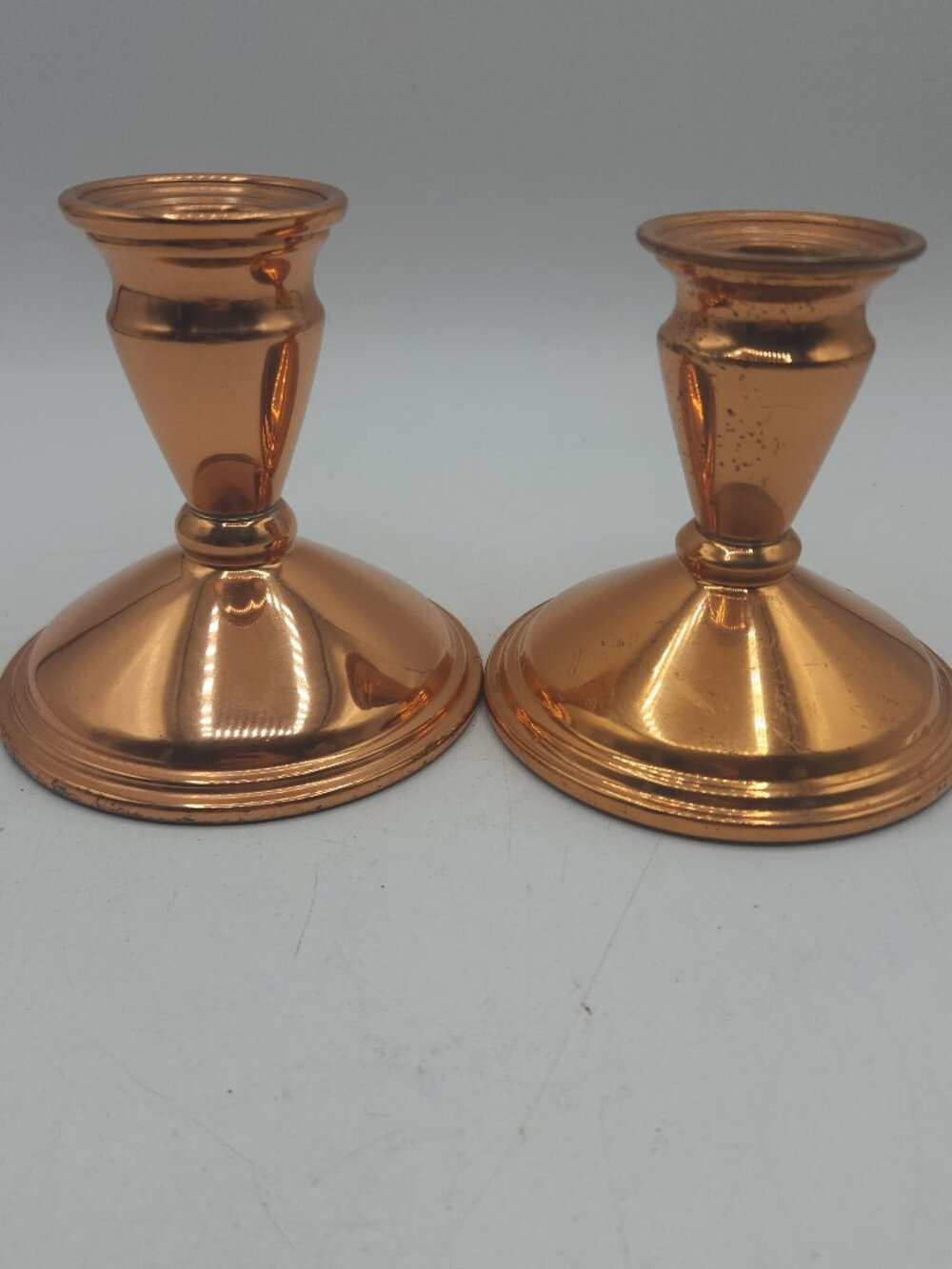 VINTAGE PAIR OF COPPER CANDLE STICK HOLDERS 4" Tall & 3.75" Diameter